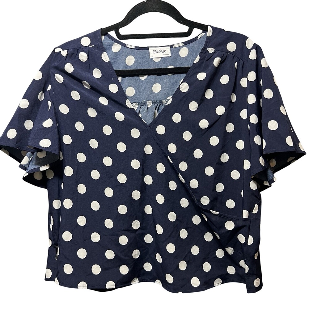 Love Sadie Polka Dot Surplice Blouse Navy Blue White Flutter Sleeve Large